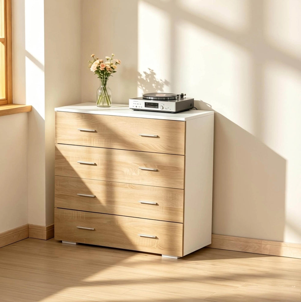 Cassettiera 76x35x72 cm bianca e legno chiaro; 4 cassetti con maniglie metalliche