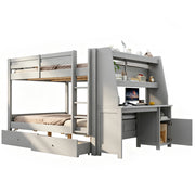 Letto a castello matrimoniale 140×200 cm con scrivania; ripiani; 2 cassetti e scala; senza materasso; legno; grigio