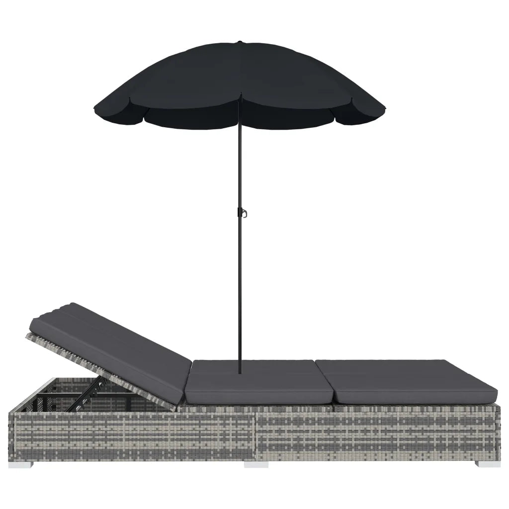 Lettino Prendisole con Ombrellone in Polyrattan Grigio 48125