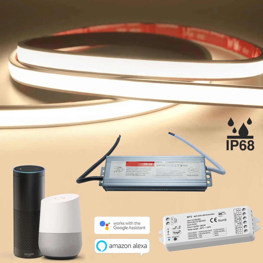 Striscia LED KIT SMART tenuta stagna IP68 Linear COB flessibile Neon Flex dimmerabile 24V WiFi Alexa sauna doccia 3000K