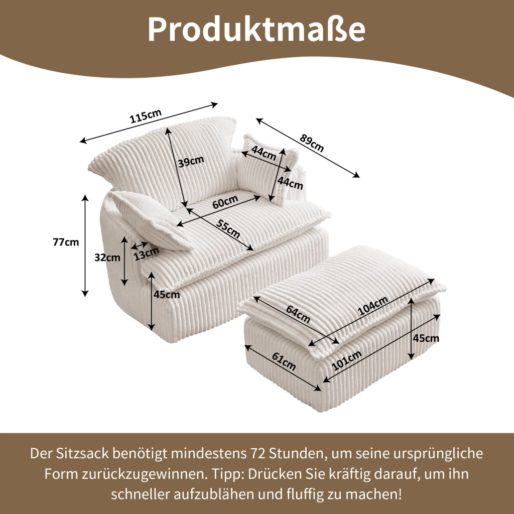 Poltrona con pouf 115x89x77 cm con poggiapiedi beige