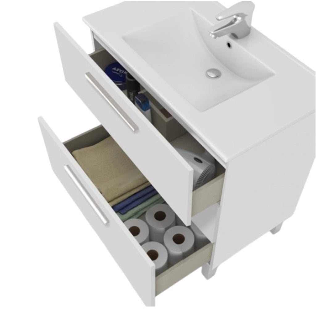 Mobile sottolavabo Elleboro, Mobiletto per bagno, Armadio a 3 cassetti e specchio, lavabo non incluso, cm 80x45h86, Bianco lucido