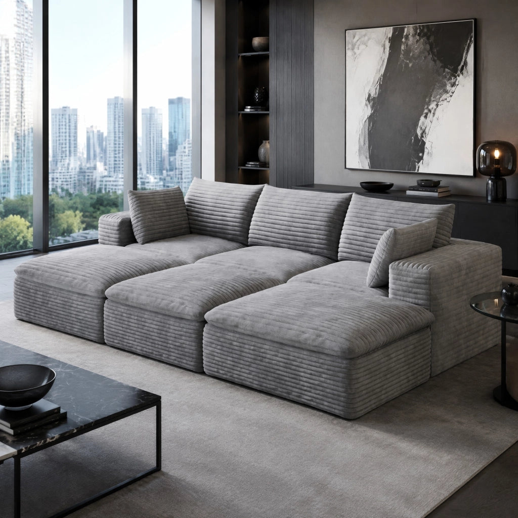 Divano modulare in tessuto grigio con imbottitura in schiuma e design componibile
