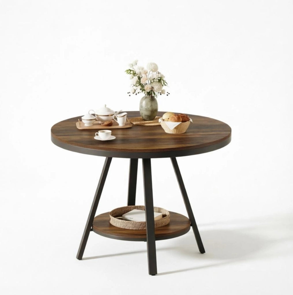 Tavolo da pranzo rotondo ULEVR ? 90 cm con ripiano inferiore, MDF e metallo, nero e marrone rustico