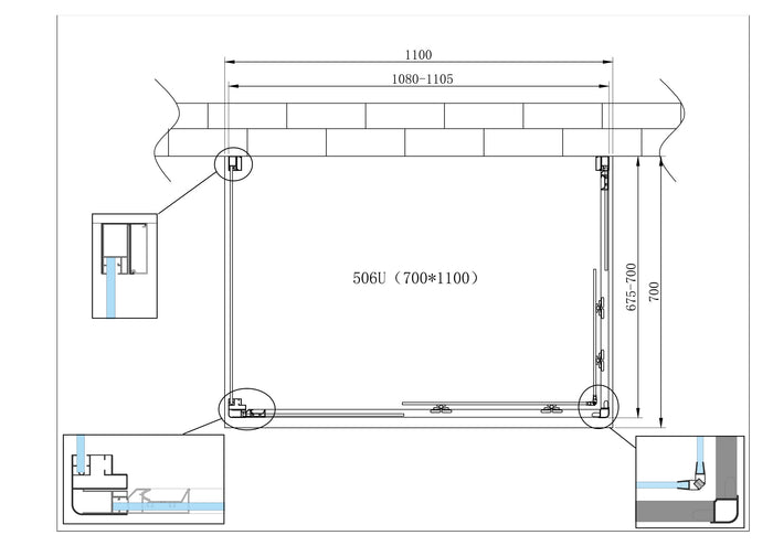 Box Cabina Doccia 3 Lati Vetro Fisso Laterale + Due Lati Scorrevoli Vetro 6 mm H 190 cm 70x110x70