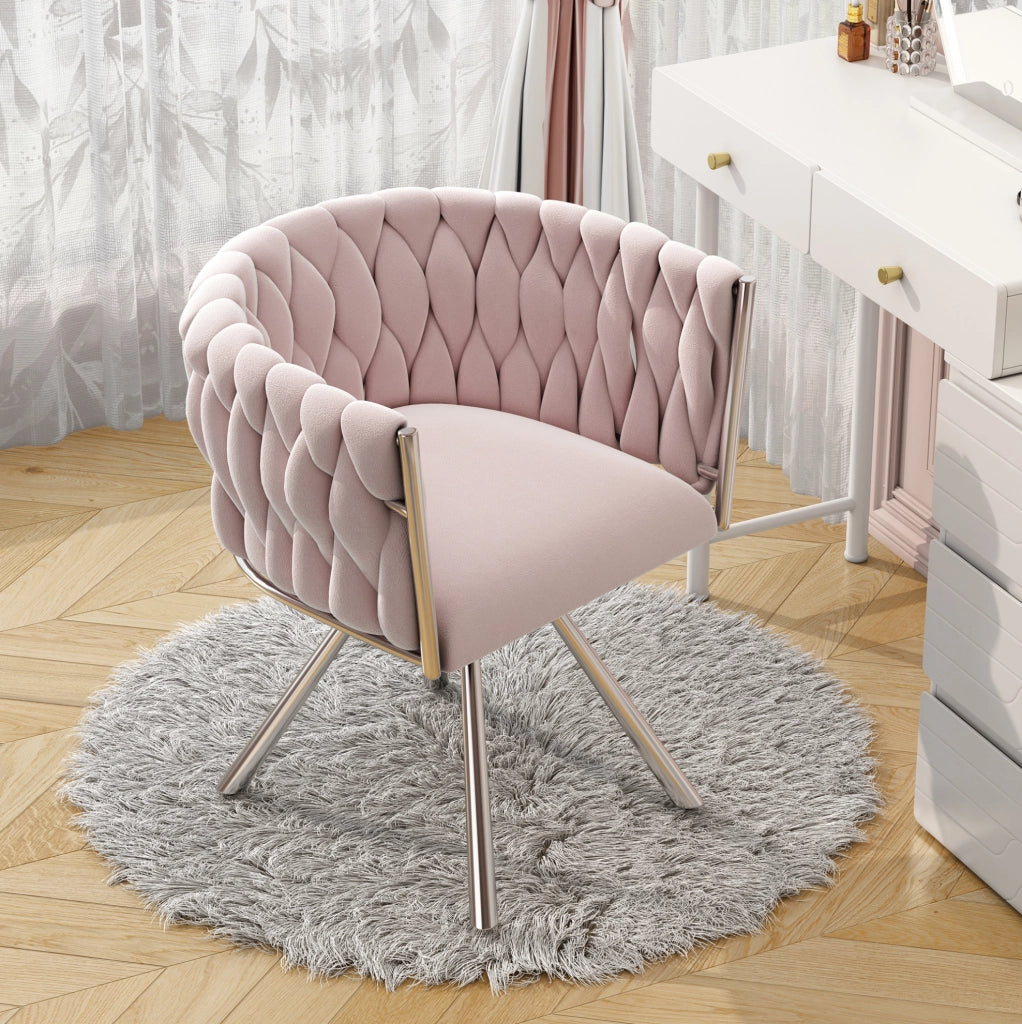 Sedia girevole in velluto rosa con schienale ergonomico e struttura in metallo