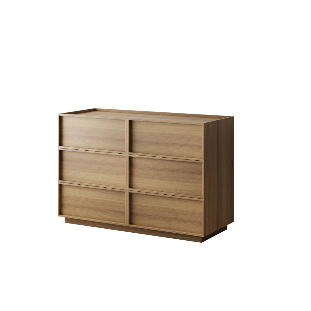 Comò moderno a sei cassetti in finitura rovere, 115 x 48 x 78 cm, con struttura in MDF e pannello truciolare