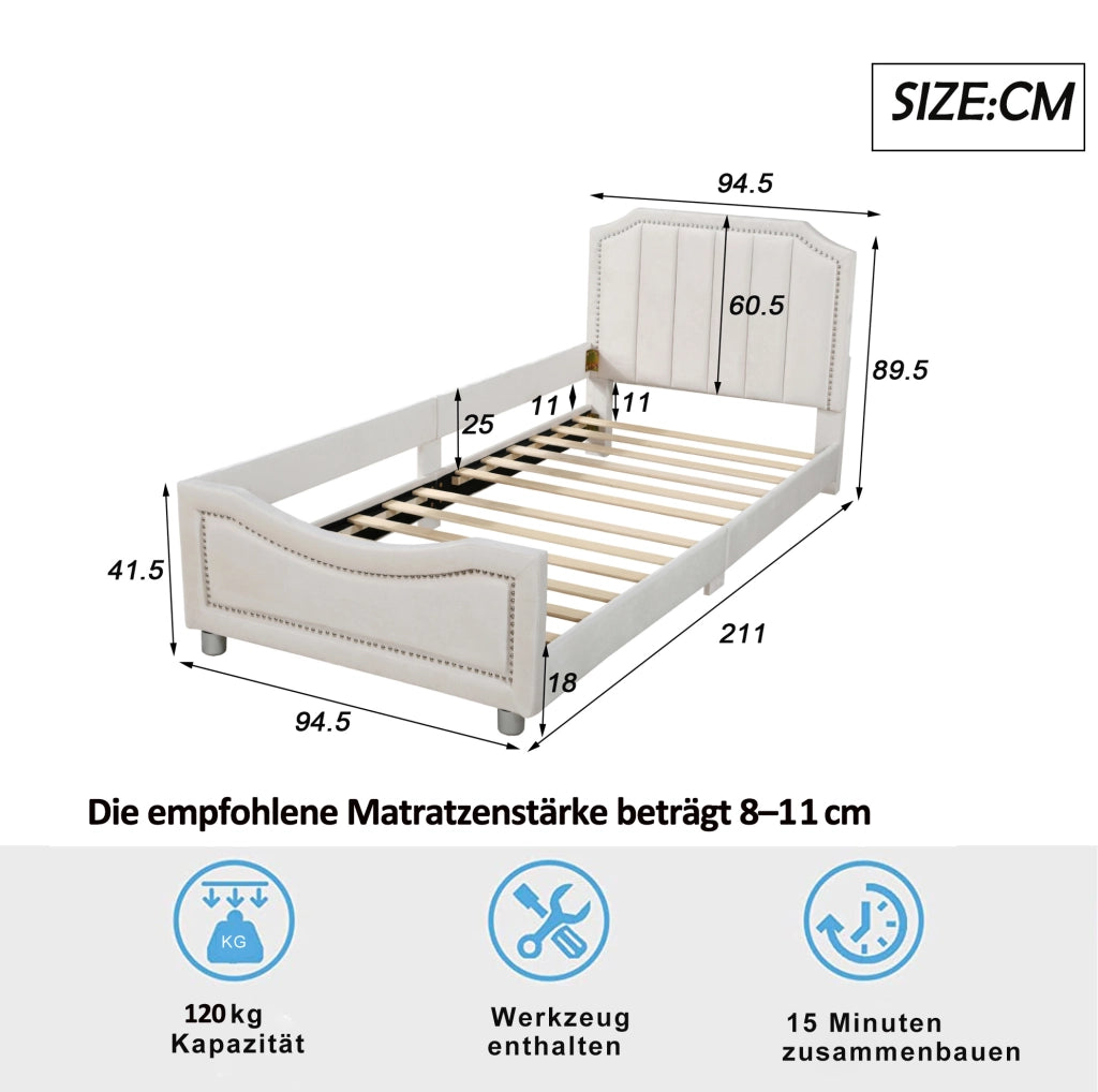 Letto imbottito 90x200 cm multifunzione; legno; beige (Senza materasso)