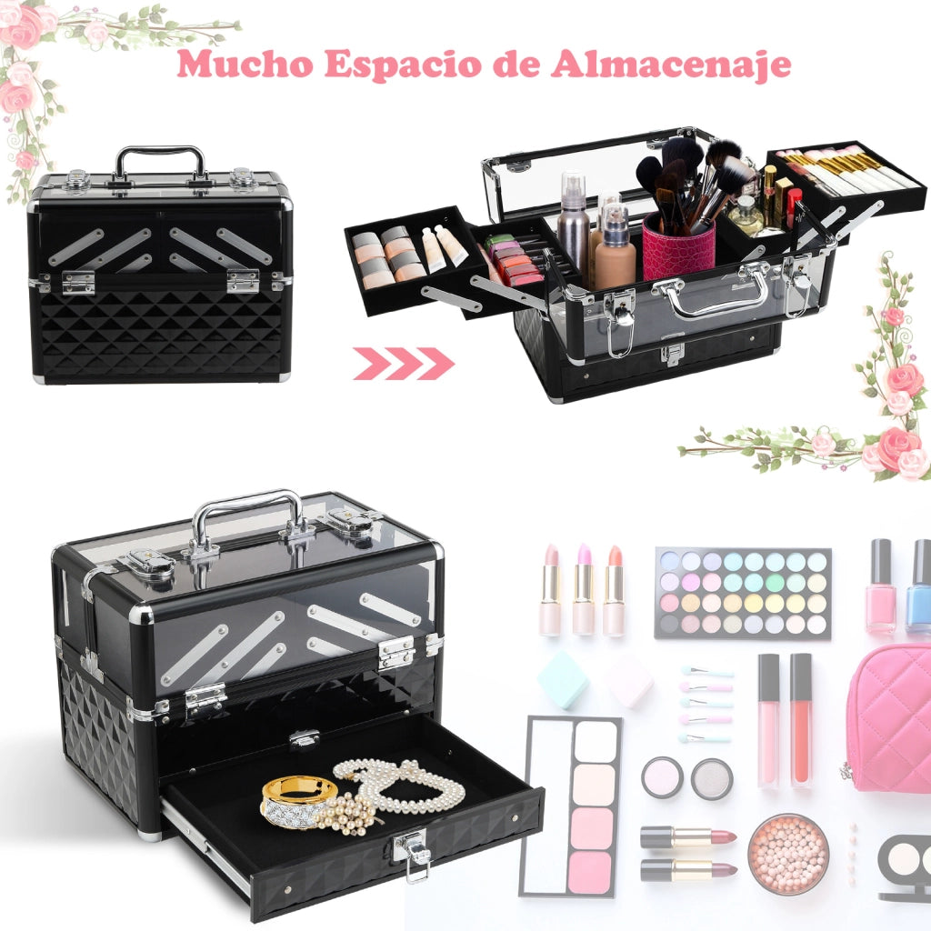 Organizzatore Portatile per Trucco e Gioielli con Bandeje Estraibili ¨C Zephmum ¨C 30x18,5x22 cm Trasparente e Nero