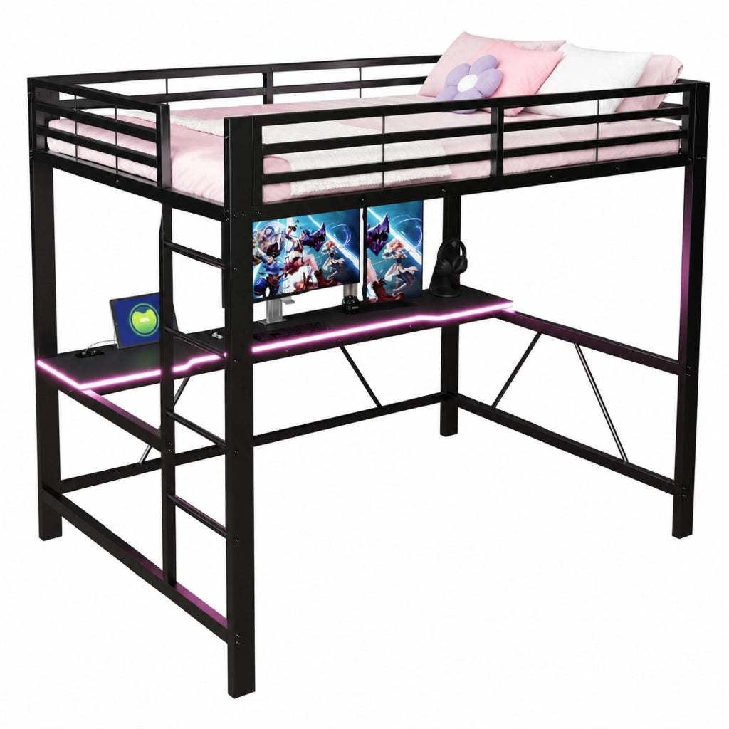 Letto a soppalco gaming 140x200 con LED, scrivania, nero