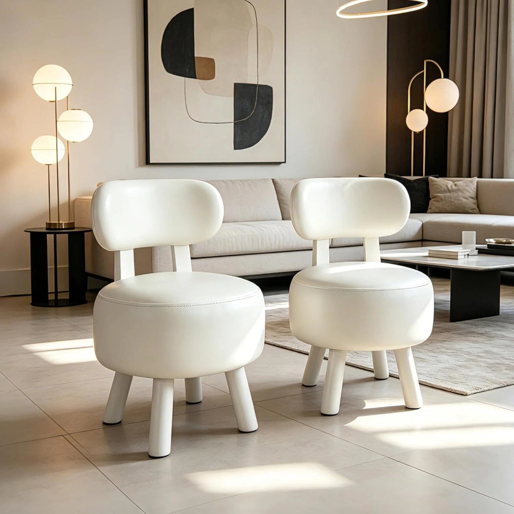 Set di 2 Sgabelli, Poltrona Moderna con Schienale, Seduta Imbottita in Similpelle, Gambe in Legno, Piedini Antiscivolo, Impilabili per Salotto, Ingresso, Camera da Letto, Portata 150 KG (Bianco)