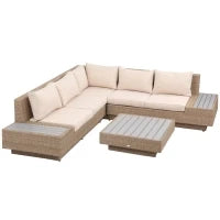 Set da Giardino 4 Pezzi in Rattan, Divano Angolare con Cuscini e Tavolini, Nero e Marrone chiaro