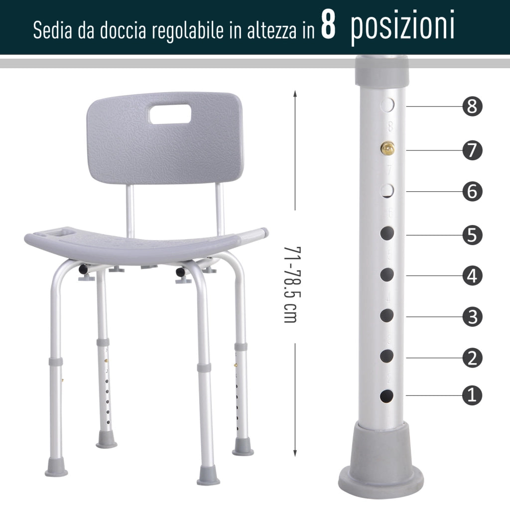 EasyComfort Sedia da Doccia per Bagno in Alluminio e Plastica Altezza Regolabile 8 Livelli 71-88cm Piedini Antiscivolo