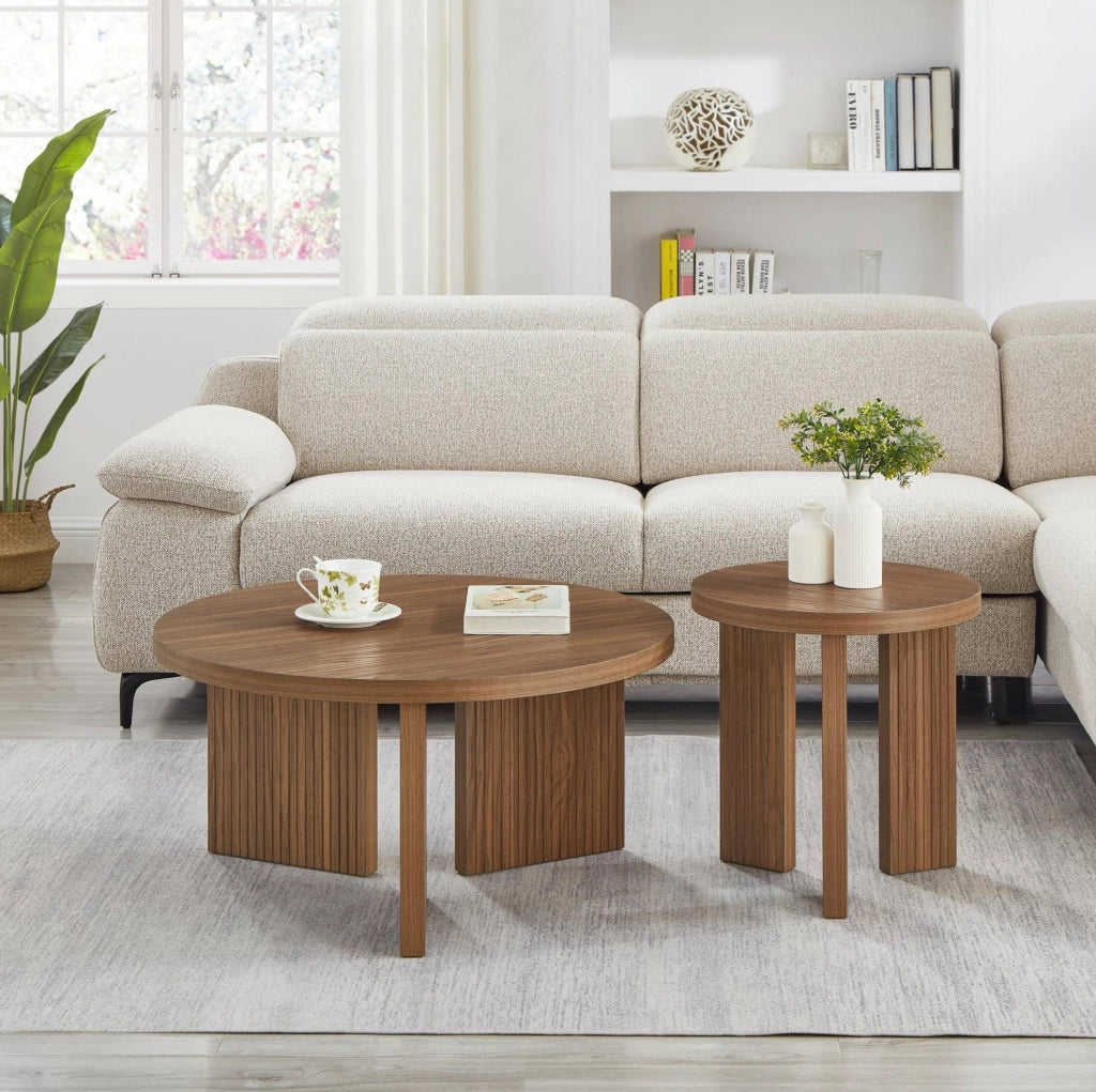 Set di 2 tavolini da caffè con struttura scanalata in MDF marrone noce