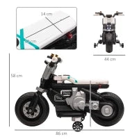 Moto Elettrica per Bambini 3-5 Anni in PP e Metallo con Rotelle, Clacson e Musica, 86x44x58 cm, Bianca e Nera