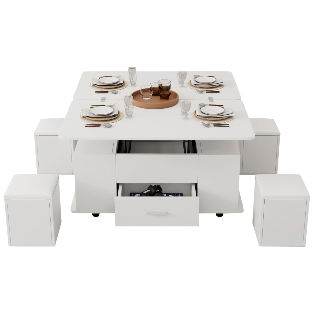 Tavolino da salotto trasformabile 100x50x45 cm in truciolare bianco; con 4 sgabelli contenitori