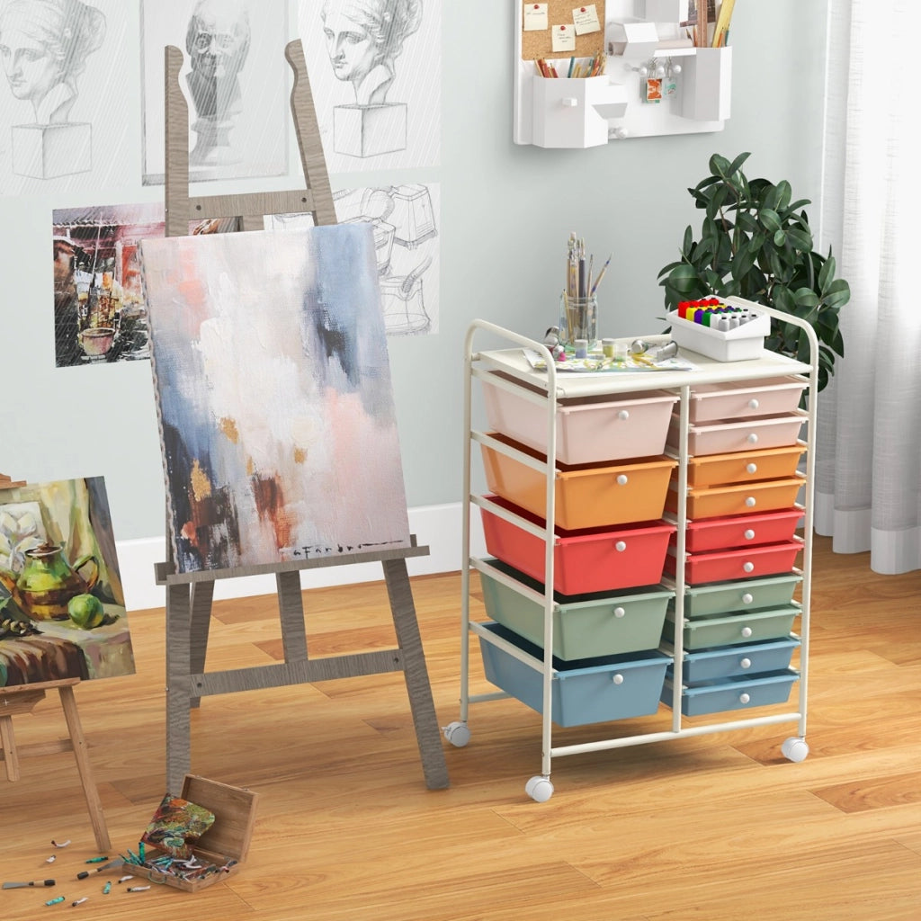 Carrello con 15 cassetti estraibili e ruote con freno-Scaffale-Carrello multiuso per casa ufficio scuola Colorato 2