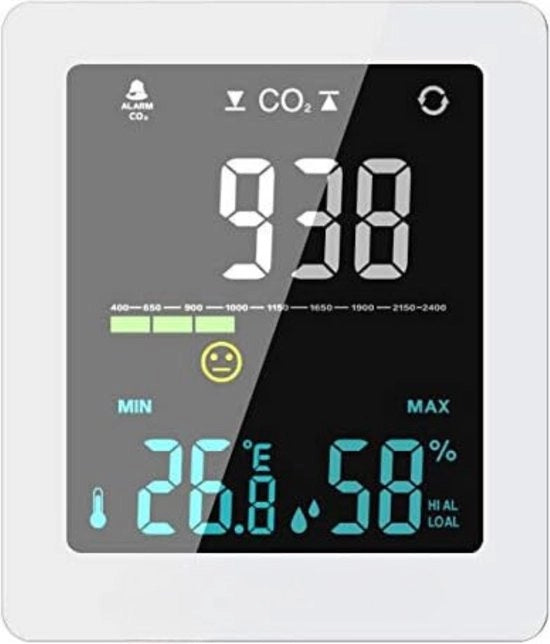 Monitor della qualità dell'aria - rilevamento dell'umidità e temperatura - consigli di ventilazione - bianco - corrente alternata