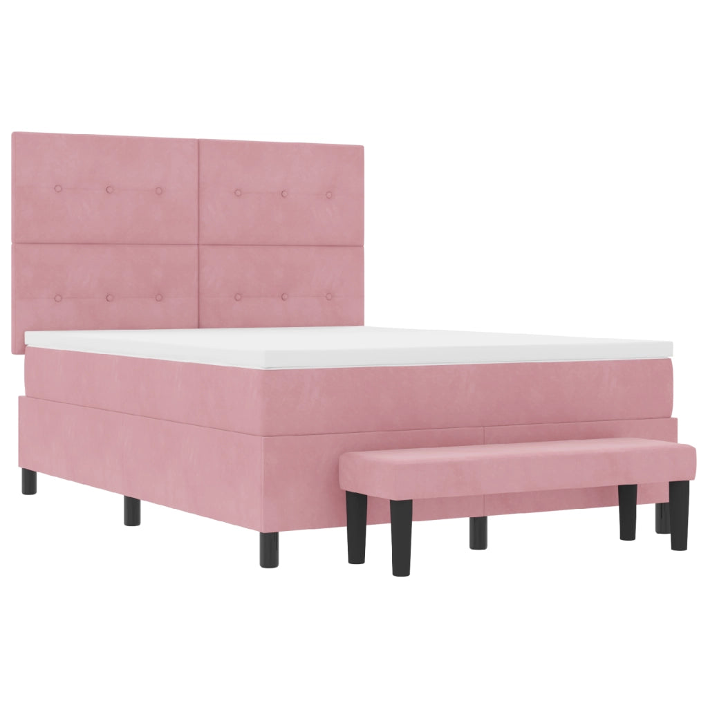 Letto a molle con materasso e panca rosa 160x200 cm velluto