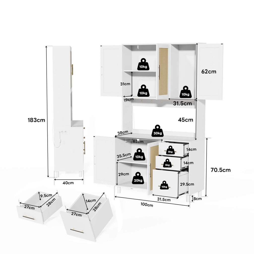 OKWISH Credenza da cucina con 3 cassetti, 3 ante, ripiani regolabili, LED, prese e USB, per Cucina e Sala da Pranzo