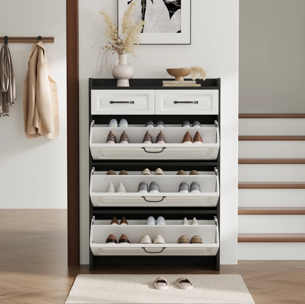 Scarpiera 80x23.5x131 cm con 3 scomparti girevoli e 2 cassetti in pannello truciolare bianco e nero