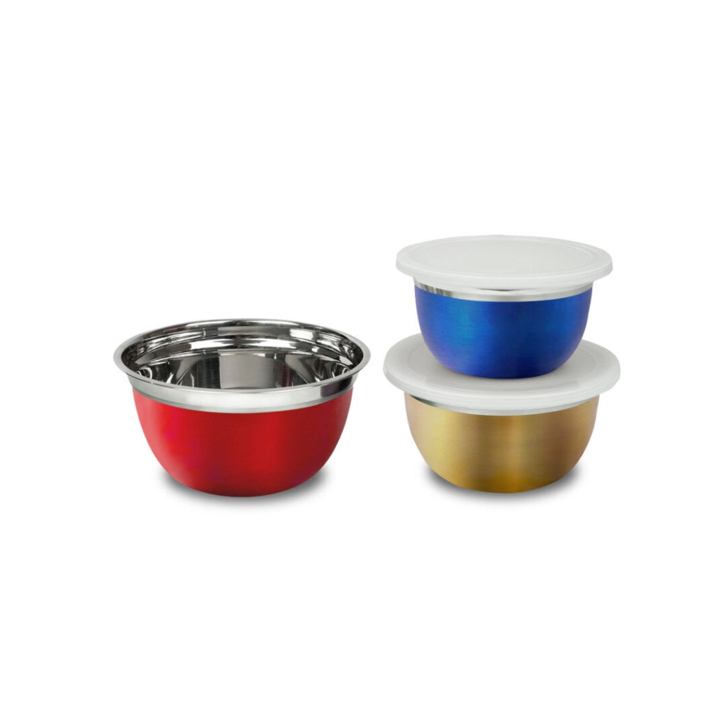 Set 3 ciotole acciaio inossidabile colorate con coperchi, capacità 0,75L 1,25L 1,5L, senza BPA, frigorifero congelatore - SOGO
