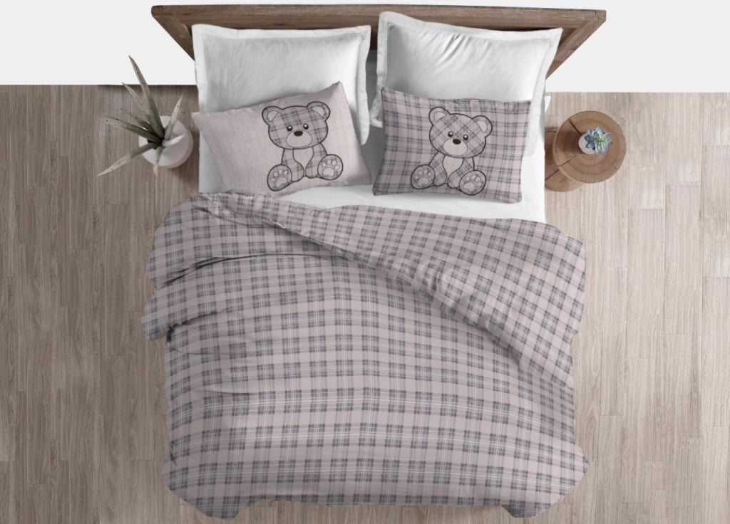 Copripiumino Sacco Piumone Cotone Flanella Pensieri Delicati Orsetto Tartan - Matrimoniale - Grigio