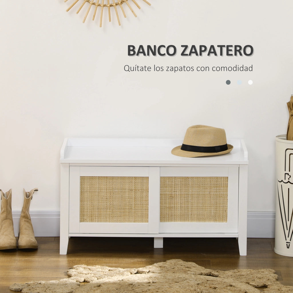 Scarpiera con Panca e 2 Ante in Rattan ¨C Xylo ¨C Bianco e Naturale 80x35x45 cm