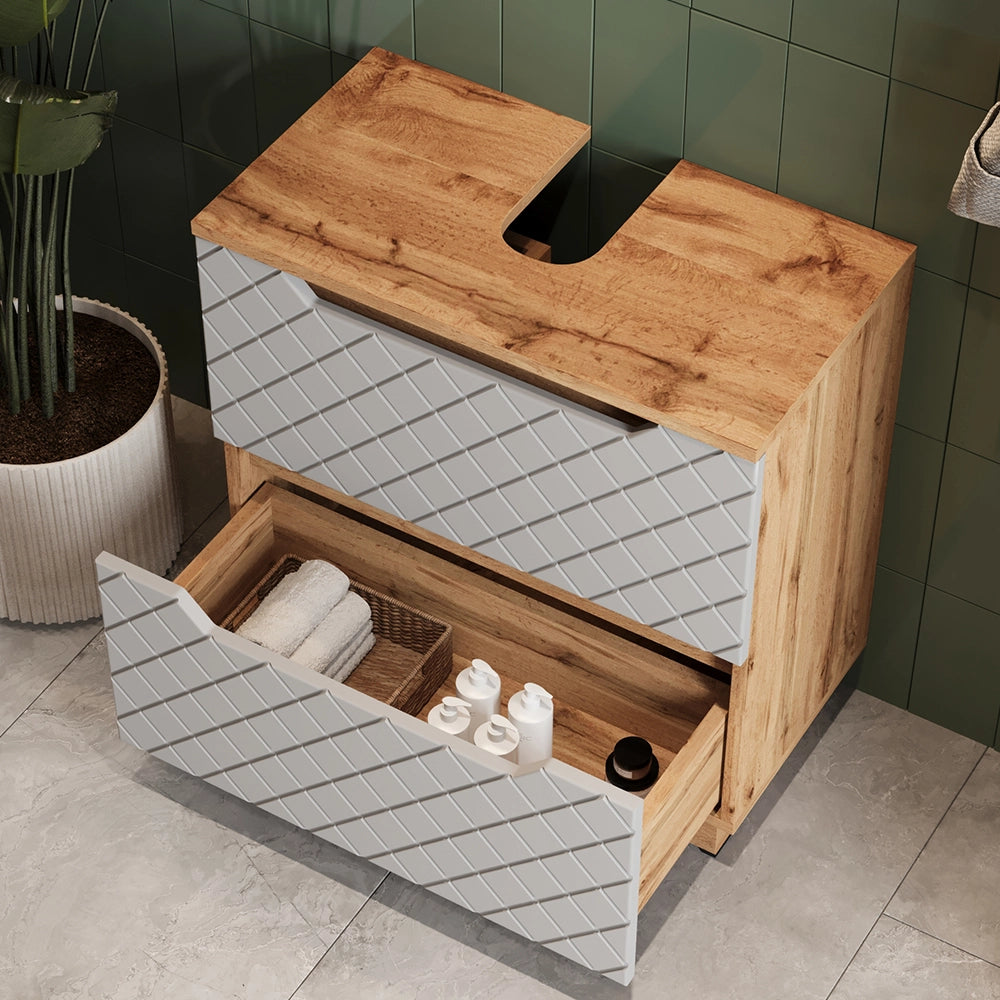 Vicco Mobile sottolavabo per bagno Rovere/grigio con struttura in piastrelle 59.8 x 62.5 cm con 2 cassetti
