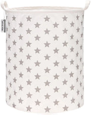 Wasmachine con coperchio 19,7 pollici grande, impermeabile, con tela di ramie e cotone, sacchetto di stoccaggio cilindrico in canapa di juta con disegno stellato grigio.