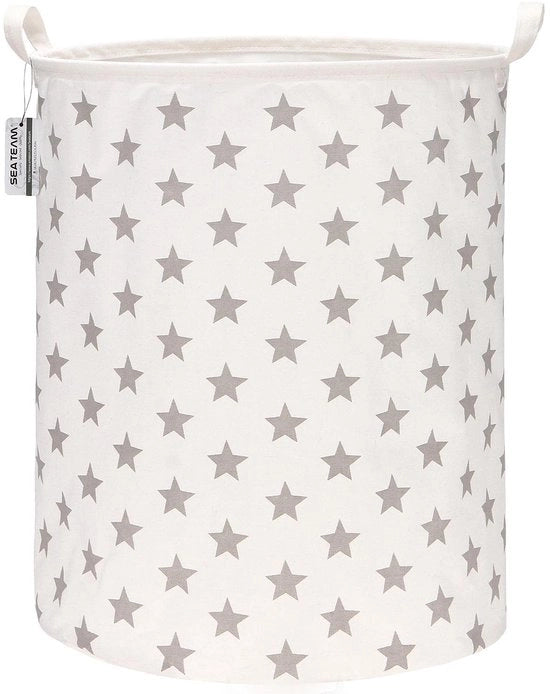 Wasmachine con coperchio 19,7 pollici grande, impermeabile, con tela di ramie e cotone, sacchetto di stoccaggio cilindrico in canapa di juta con disegno stellato grigio.