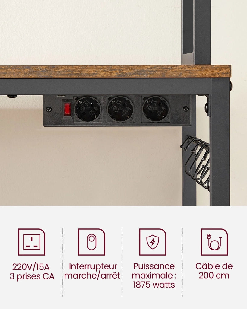 Mensola da cucina con multipresa supporto per microonde ripiano portaoggetti con pannello in rete metallica 14 ganci 40 x 80 x 170 cm marrone 12_0005670