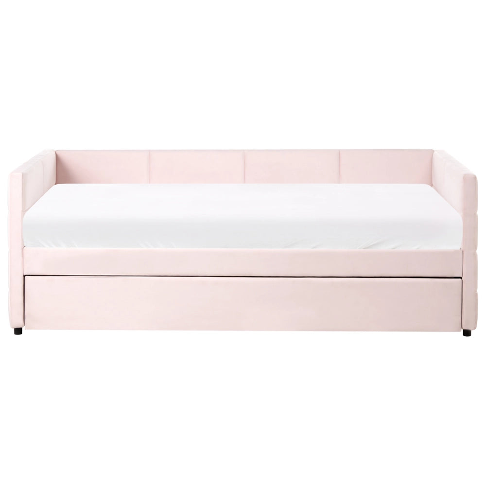 Letto a scomparsa 90 x 200 cm rivestito in velluto rosa, rete a doghe, letto da giorno con cuciture in stile glamour.
