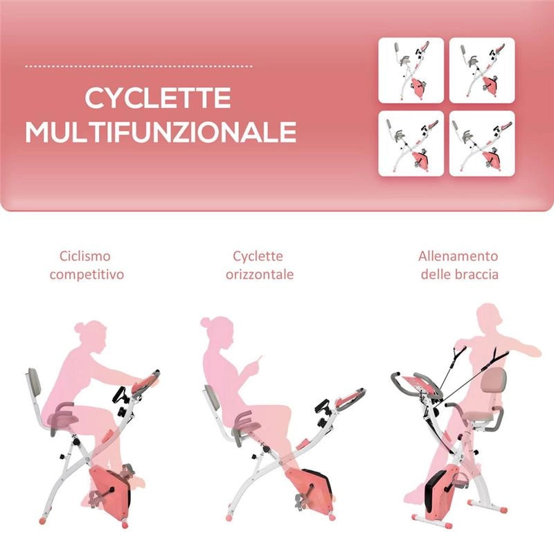 CYCLETTE PIEGHEVOLE 2 IN 1 RESISTENZA MAGNETICA REGOLABILE BICI DA FITNESS CON SENSORE DI FREQUENZA CARDIACA ELASTICI PER BRACCIA - ROSA