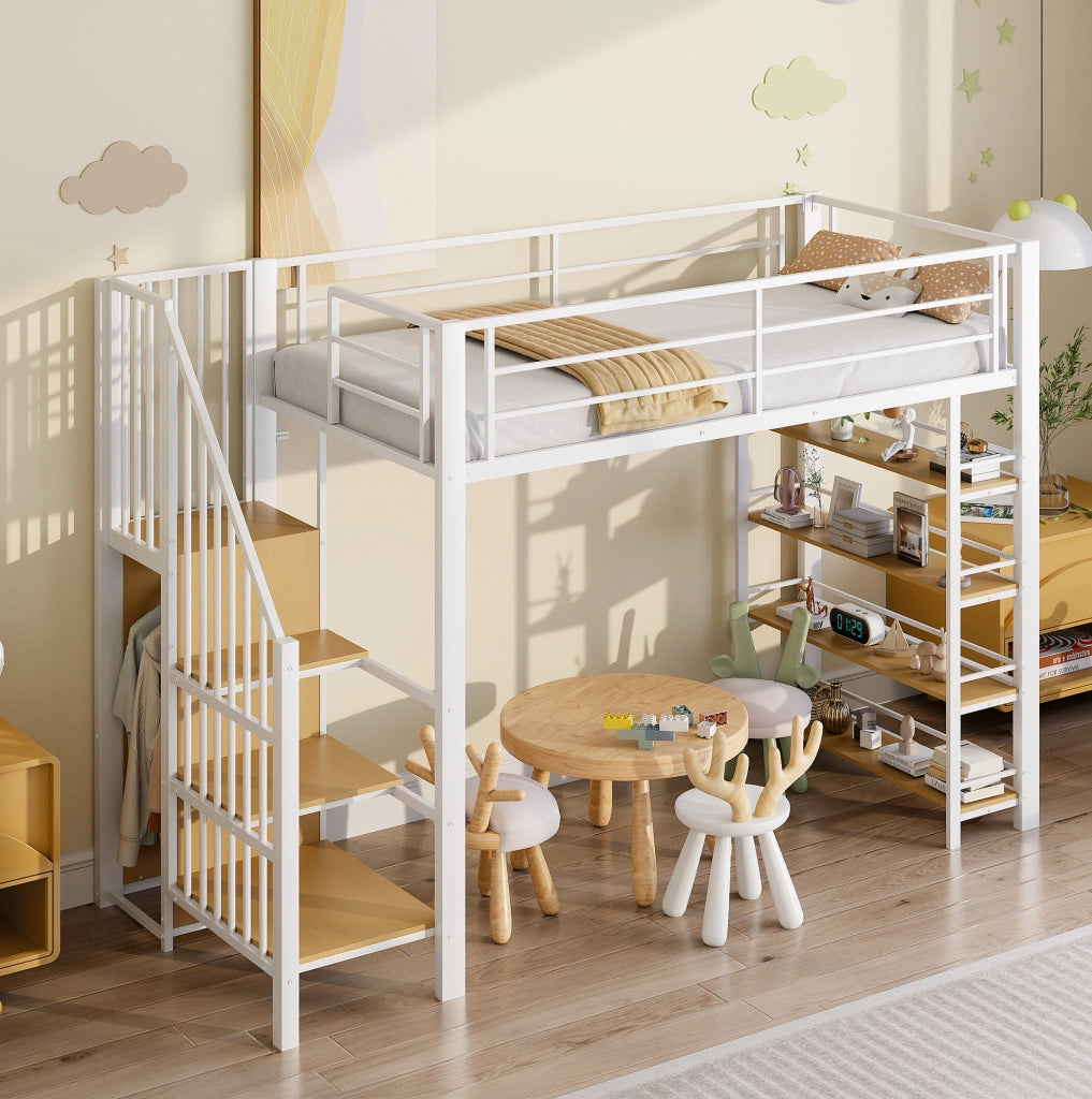 Letto a soppalco ULEVR 90x200 cm con scala contenitore, piccolo guardaroba e ripiani, bianco