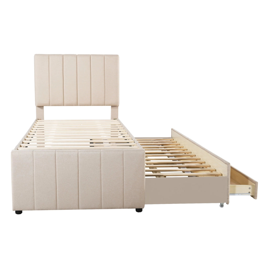 Letto imbottito singolo con letto estraibile e 3 cassetti 90x200 cm; beige