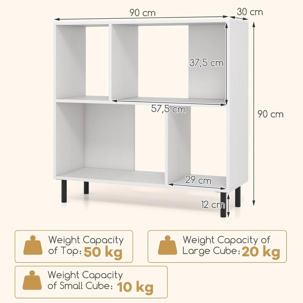 Mobiletto con 4 Cubi e 2 Livelli, 90 x 30 x 90 cm, Libreria con Scomparti Semi-Aperti e Gambe in Metallo, Adatta per Appartamenti, Dormitori, Uffici (Bianco)