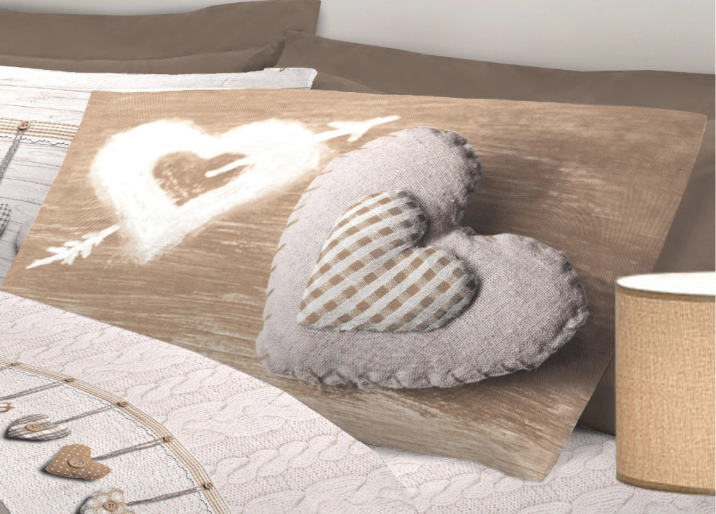 Completo Lenzuola Linea Pensieri Delicati 100% Cotone Disegno Cuore Appeso - Singolo - Beige