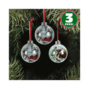 Trade Shop - 3 Palline Natalizie Trasparenti Con Stampa Babbo Natale Nastro Colore Rosso -