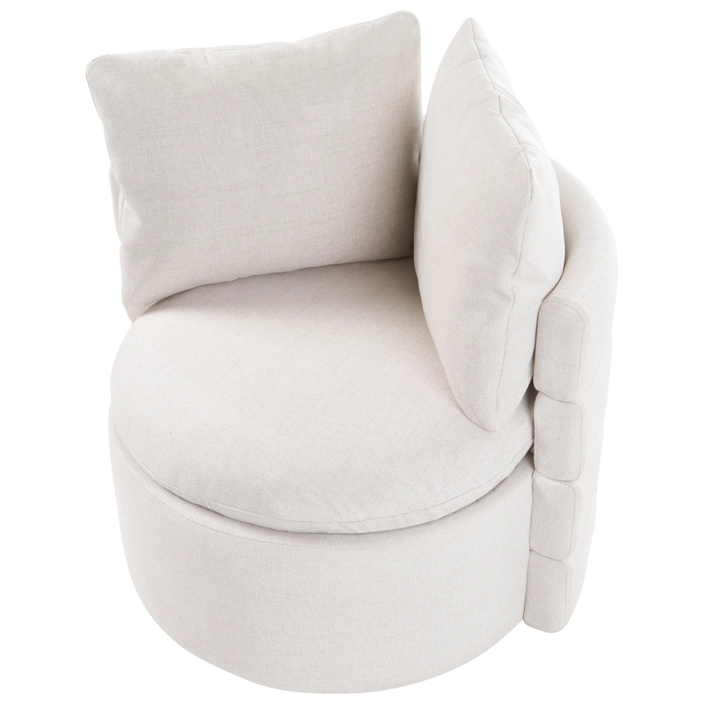 Poltrona in tessuto con schienale curvo base girevole a 360° con contenitore cuscini decorativi bianco sporco stile retrò angolo lettura
