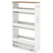 Carrello da cucina 4 ripiani con stazione di ricarica maniglia e parapetti, Carrello stretto a sfilo con ruote bloccabili per cucina lavanderia Bianco e naturale 20cm