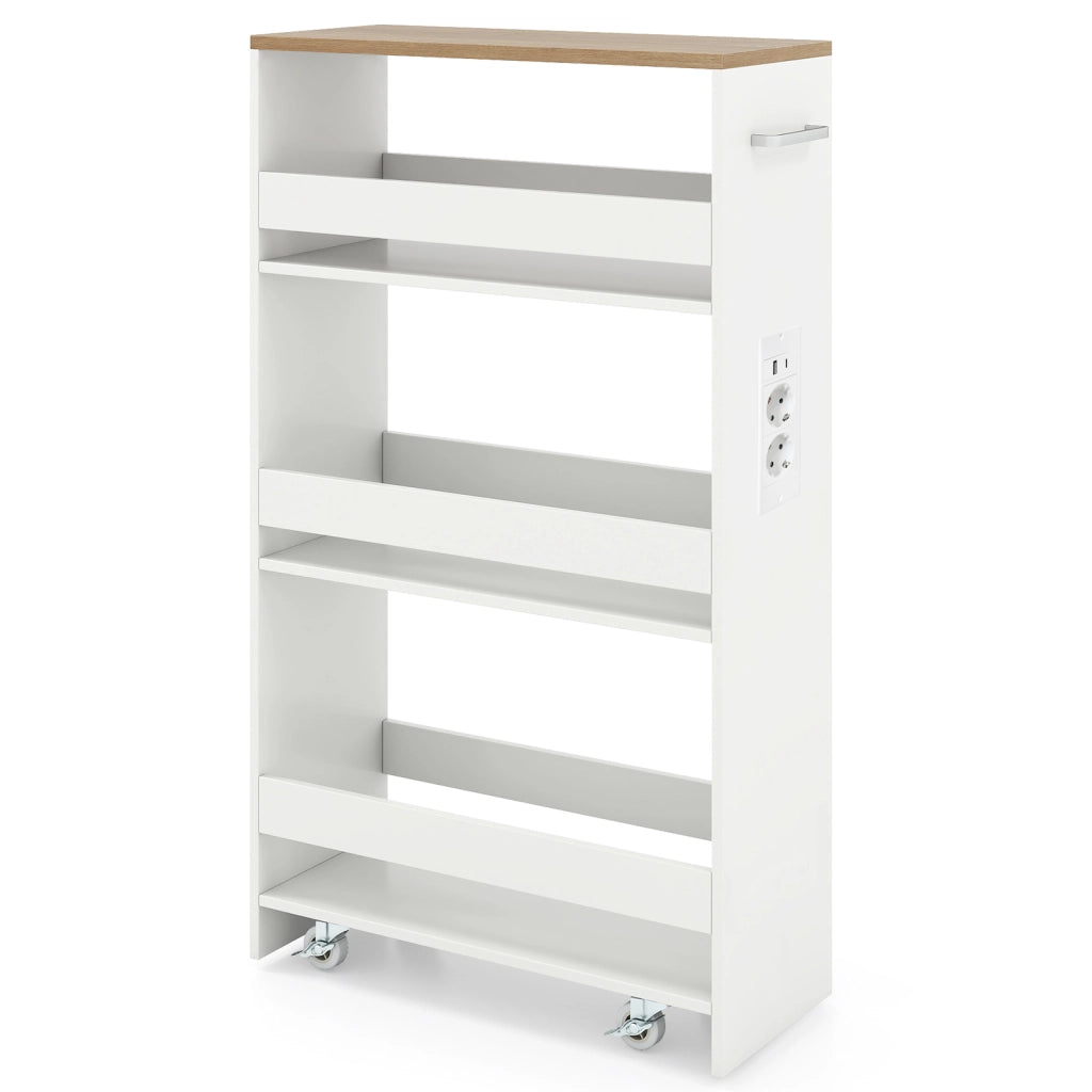 Carrello da cucina 4 ripiani con stazione di ricarica maniglia e parapetti, Carrello stretto a sfilo con ruote bloccabili per cucina lavanderia Bianco e naturale 20cm