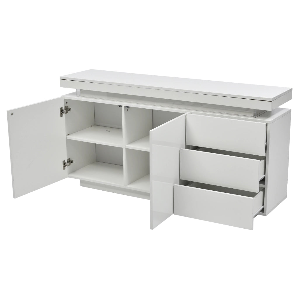 Credenza con 2 ante; 3 cassetti e LED; per soggiorno; 140x35x72.5 cm; bianco