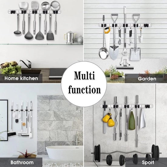 Fissaggio per Broomhouders - Set di 5 Orecchioni e 4 Ganci - Autoadesivo e con Spilli - Orecchioni per Giardino e Attrezzi
