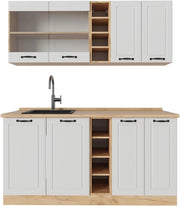 Cucina completa R-Line, Casa di campagna bianca/quercia dorata, 160 cm, PL Rovere, adatto per combinazioni ed espansioni personalizzate
