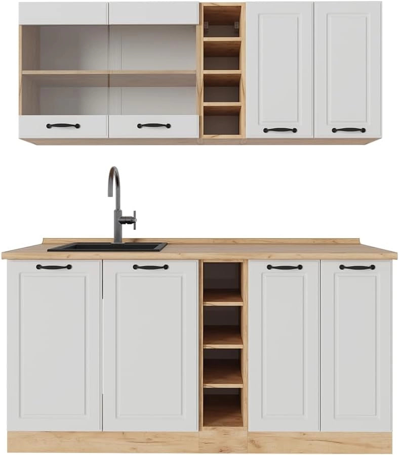Cucina completa R-Line, Casa di campagna bianca/quercia dorata, 160 cm, PL Rovere, adatto per combinazioni ed espansioni personalizzate