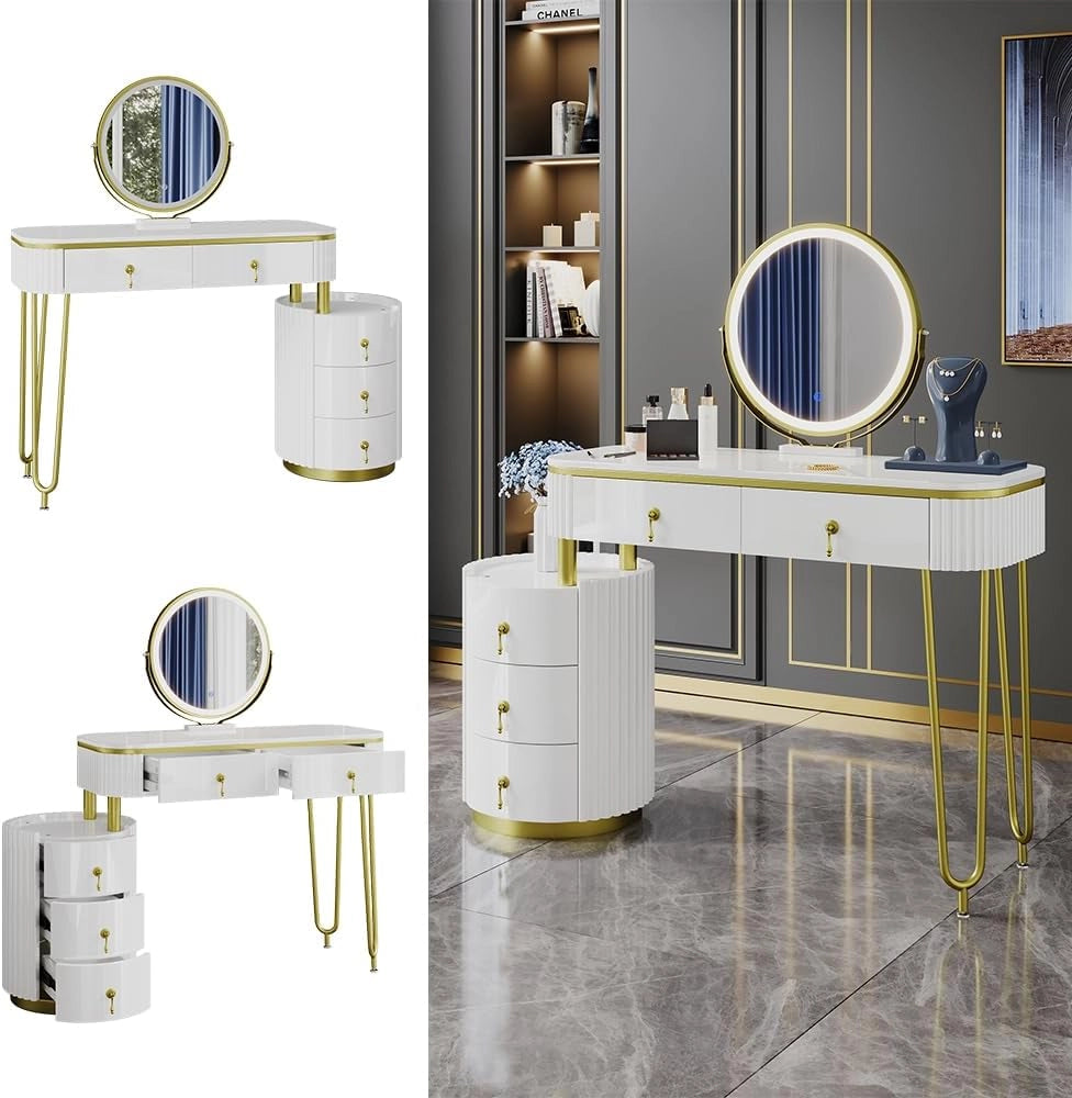 Tavolo da toeletta Charlène, Bianco, 100 cm con specchio a LED, con illuminazione LED e grande specchio per montaggio a parete