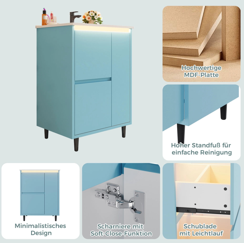 Mobile lavabo bagno freestanding blu con lavabo in ceramica, 2 cassetti e anta