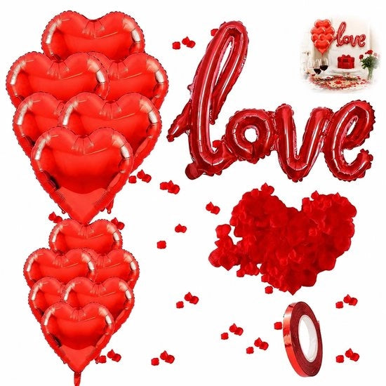 Set di decorazioni per feste romantico - Set da 10 palloni heart - Pallone grande rosso "Amore" - Foglie artificiali di rosa - Decorazione per feste - Per San Valentino - Decorazione per feste