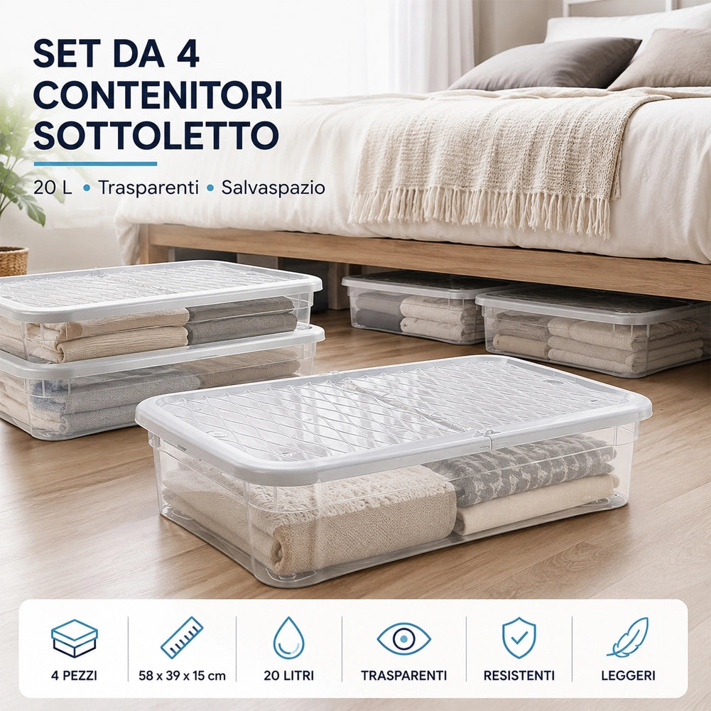 Set 4 Pezzi Contenitori con Coperchio 58x39x15 cm Storage Box Marea Capienza 20L in Plastica Trasparente